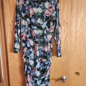 White House Black Market Navy Floral Midi Dress with Pink Accents